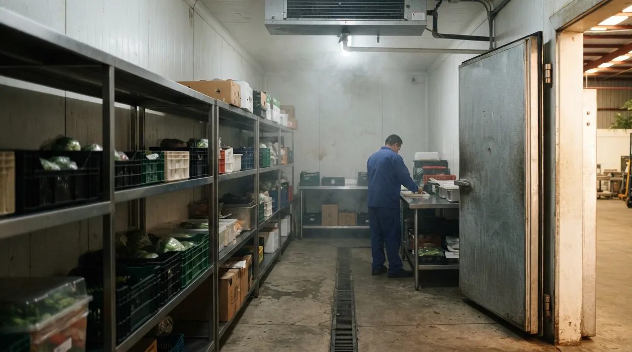Interior de una cámara fría con anaqueles de acero, evaporador de techo y la puerta entreabierta