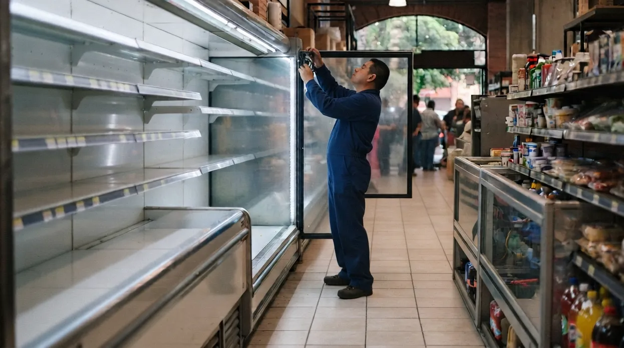 Técnico atiende una vitrina refrigerada en el pasillo de una tienda de autoservicio
