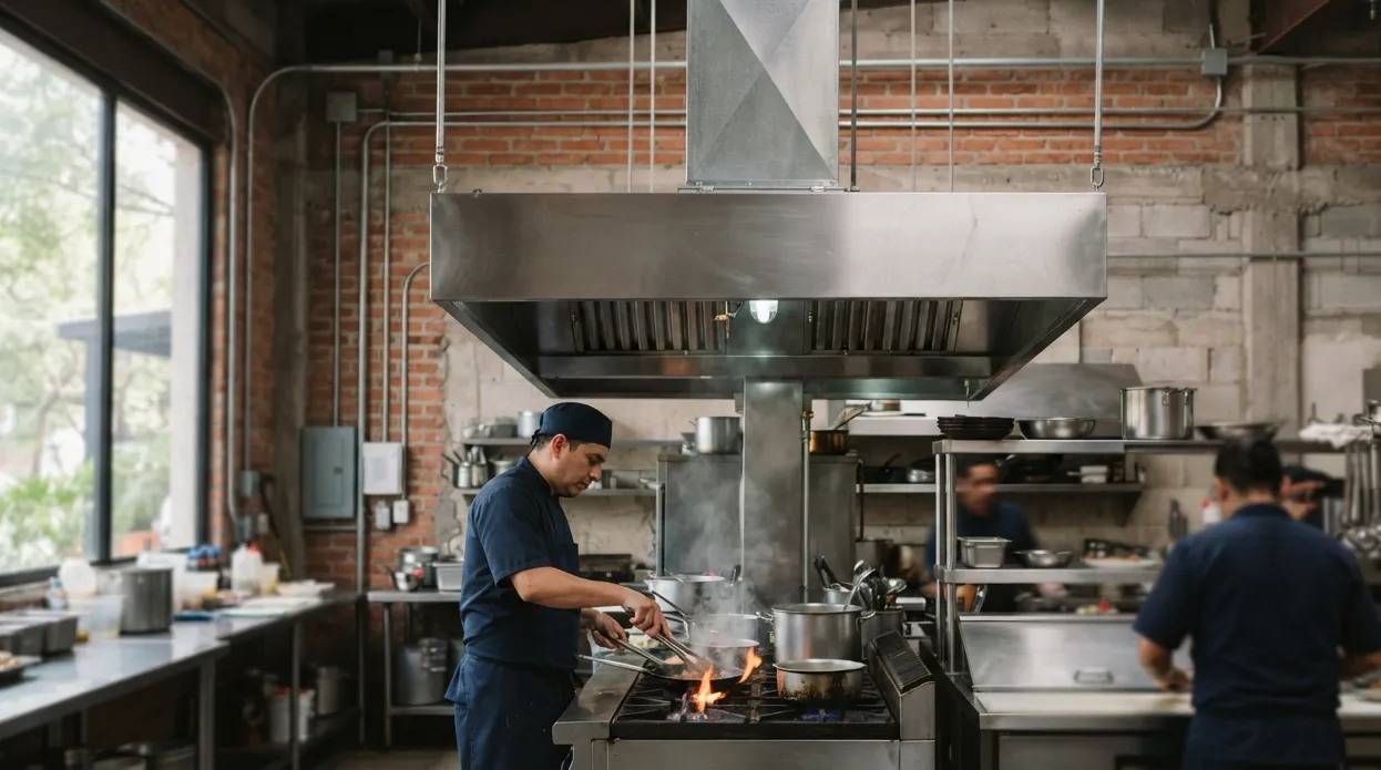 Campana de extracción de acero inoxidable sobre la línea caliente de una cocina industrial
