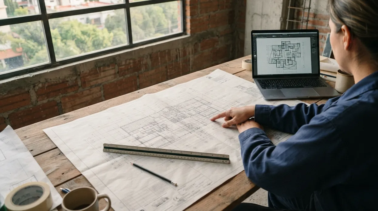 Plano impreso, escalímetro y una laptop con el trazo del proyecto sobre una mesa de trabajo