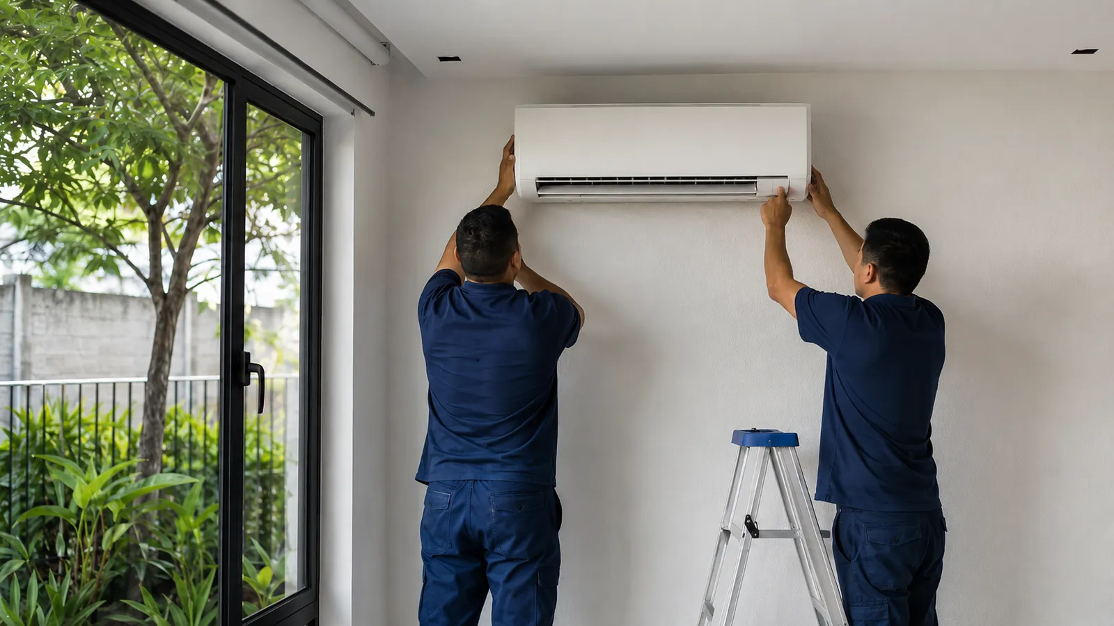 Dos técnicos sostienen a nivel la unidad interior de un minisplit contra la pared de una sala
