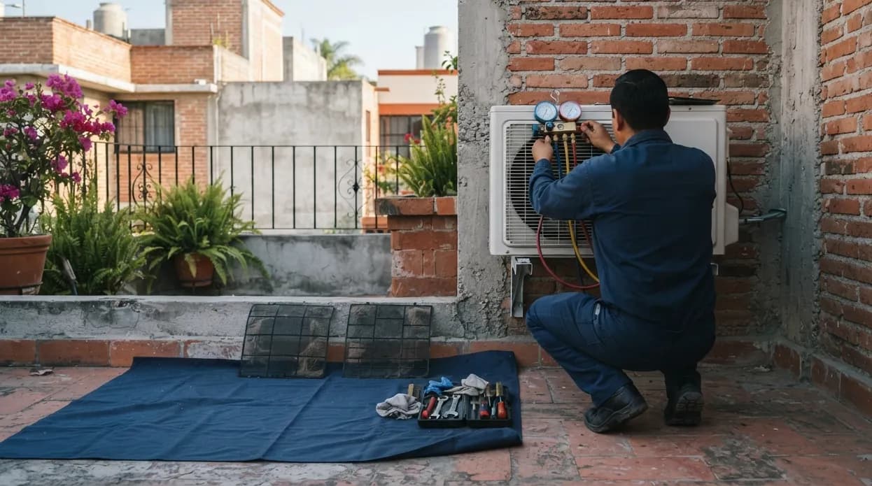 Técnico conecta manómetros a la unidad exterior de un minisplit, con la herramienta extendida sobre una lona